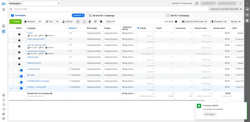 Tampilan Meta Ads Manager